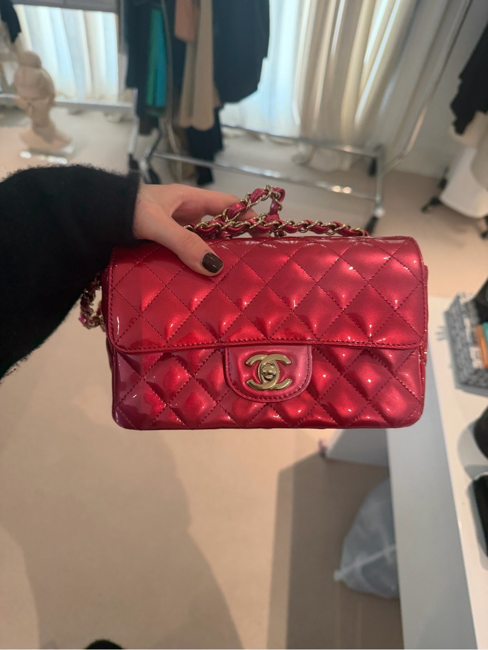 CHANEL Shaded Patent Calfskin Quilted Mini Rectangular Flap Dark Pink